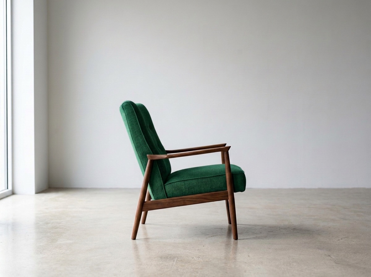 The same mid-century armchair with deep green fabric and a walnut frame, in the same empty white room with a concrete floor.