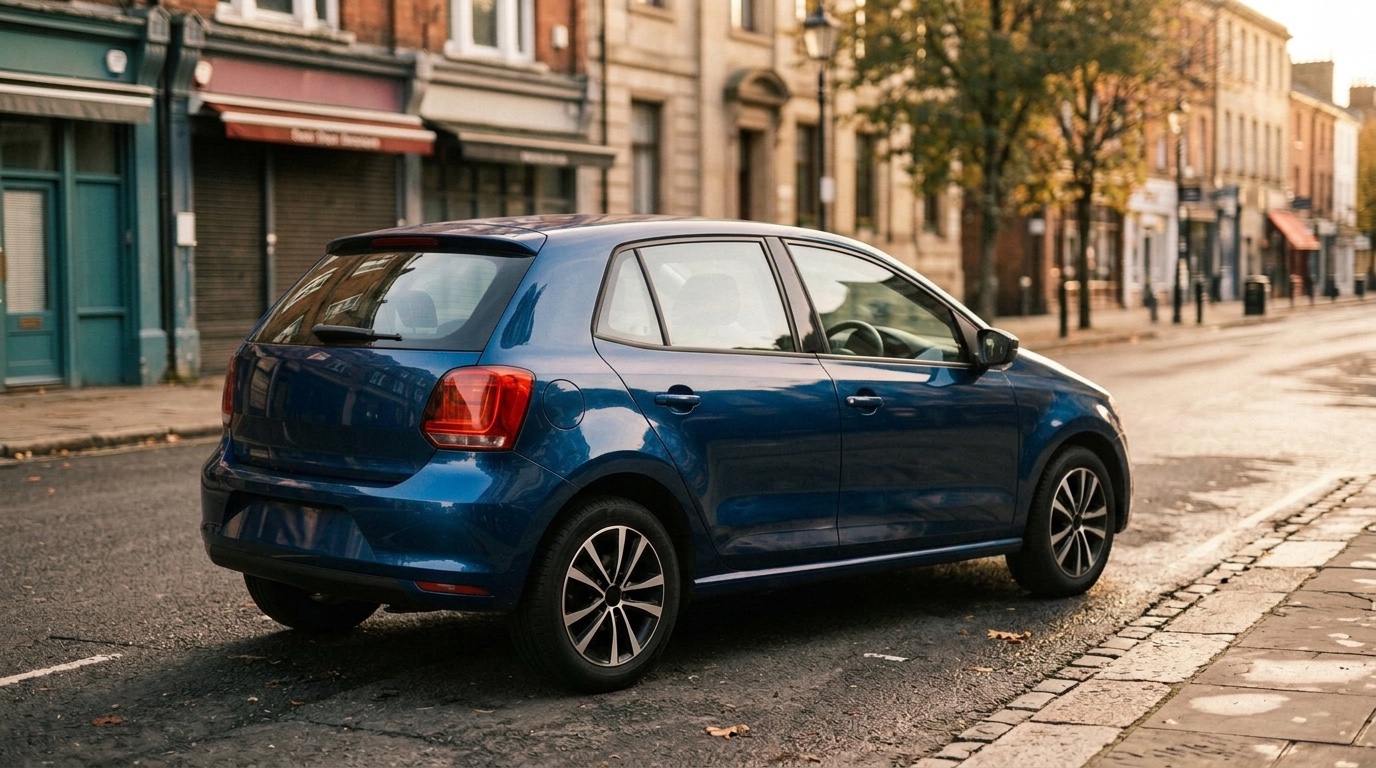 A blue hatchback parked on a city street at golden hour, with a teal shopfront door at the far left and shops and trees behind it.