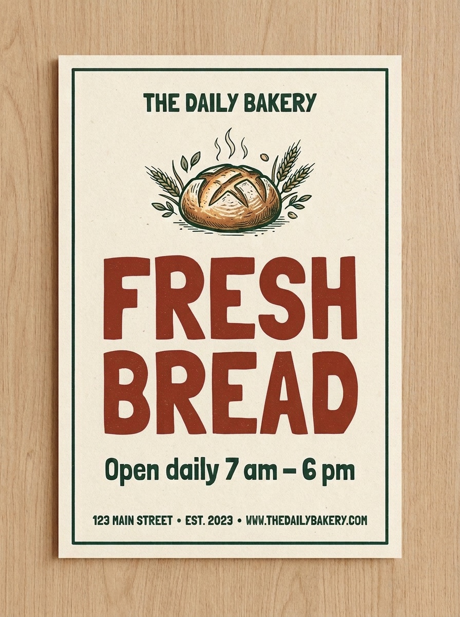 The cream bakery poster with the headline FRESH BREAD now in brick red, and the other text, the loaf and the green border unchanged.